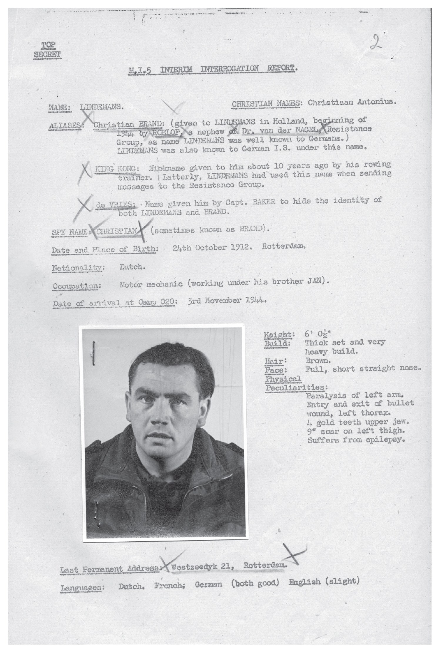 Un informe de MI5 sobre Christiaan Lindemans, con el nombre en clave 'King Kong', un doble agente holandés culpado de la traición de la Operación Market Garden
